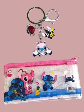 Disney Stitch Clear Pink Zip Pouch with Silver-tone Character Keychain